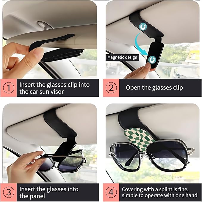 Sunglasses Holder for Car Visor, PU Leather Glasses Clip Organizer, Cute Magnetic Eyeglass Holder for Vehicle Sun Visor, Car Interior Accessory for Women & Men Green Wavy Checker
