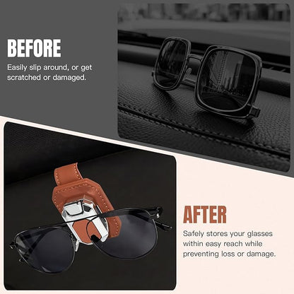 2PCS Sunglass Holder for Car Visor, Faux Leather Eyeglass Holder Clip for Car Sun Visor Organizer, Universal One Handed Operation Sun Glass Hanger, Car Interior Accessories for Women Man