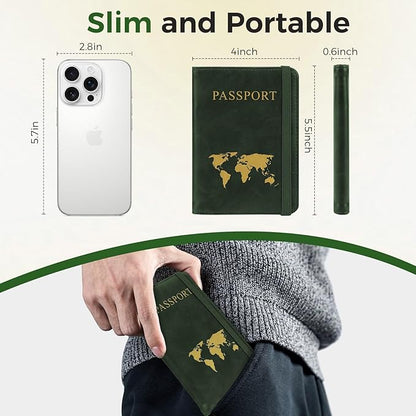 Passport Holder for Travel Women Men - Passport Cover Wallet with Airtag Slot - RFID Blocking PU Leather Passport Holder Case with Card Holder, Pen Slot - Green