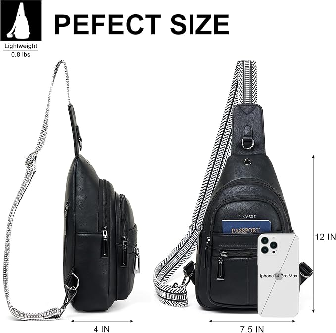 Leresas 7L Sling Bag for Women Vegan Leather Crossbody Purse Chest Bags Fashionable Trendy Fanny Pack with Travel, Black