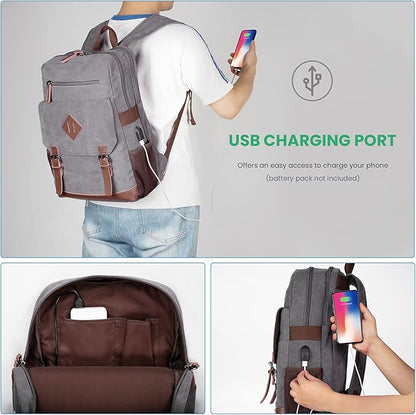 Modoker Eco-Friendly Vintage Backpack for Men Women, Canvas Bookpack Fits Most 15.6 Inches Computer and Tablets, Rucksack Backpack with USB Charging Port, Grey