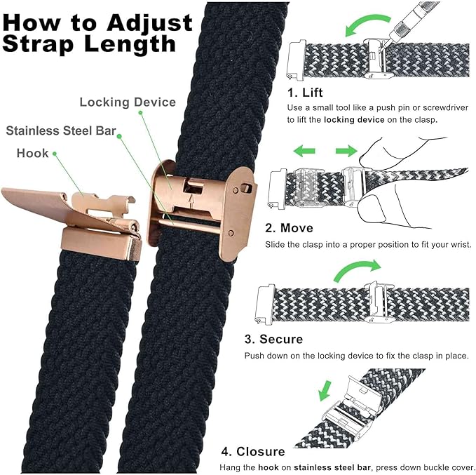 WOCCI 18mm Braided Nylon Watch Band for Men and Women, Quick Release, Rosegold Stainless Steel Buckle (Black)