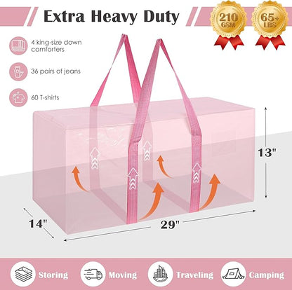 12 Pack Moving Bags with Full-Open Side Zipper, Extra Large 93L Heavy Duty Waterproof Foldable Storage Totes for College Dorm, Moving & Home Organization Pink
