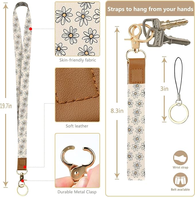 bolimoss Daisy Lanyards for ID Badges Keys, 2-in-1 Cute Floral ID Badge Holder & Lanyard Wallet,PU Leather Wallet Lanyard Card Name Tag Protector for Women Nurses, Teachers, Students