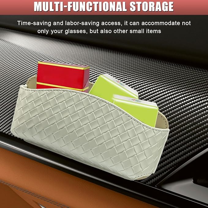 Sunglasses Holder for Car Visor, Leather Auto Glasses Storage Case, Car Sun Visor Eyeglasses Holder Protective Box, Universal Automotive Interior Accessories for Man Women (White)
