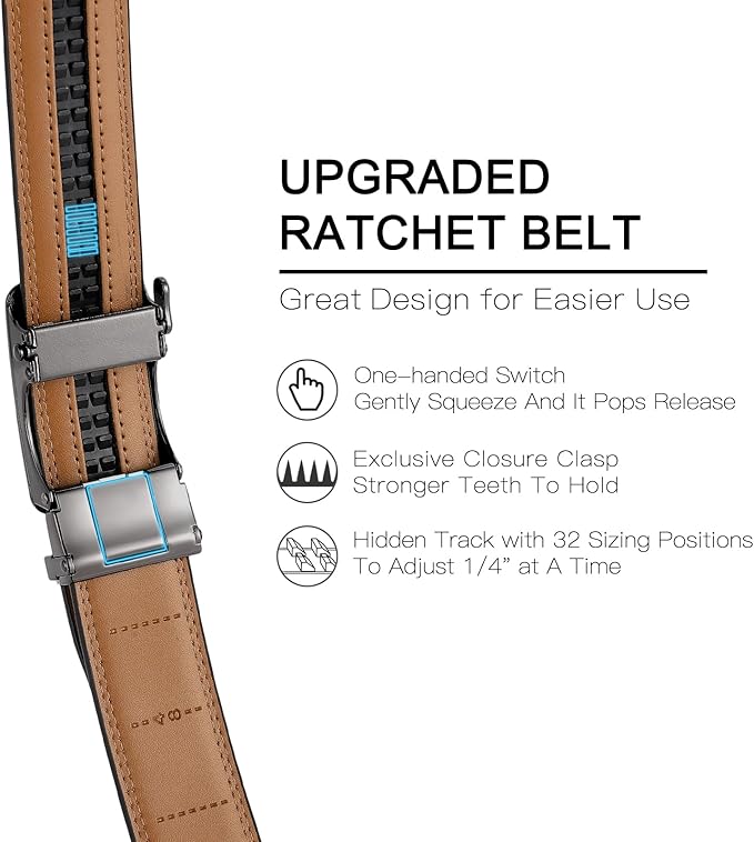 SENDEFN Leather Belt for Men Automatic Ratchet Buckle Slide Dress Casual Belts 1 3/8'' Wide Adjustable Trim to Fit(Black-20)