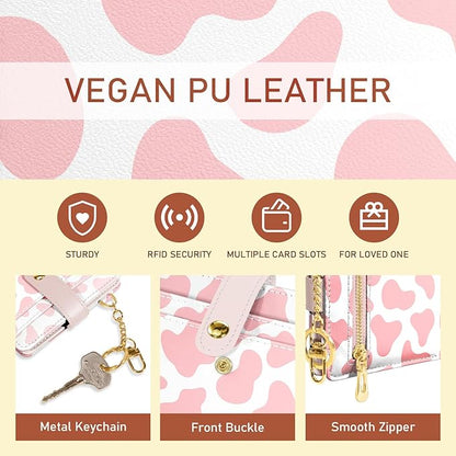 Jogjam Pink Cow Print Rfid Women Wallet, Small Slim Thin Credit Card Wallet, PU Leather Bifold Cash Zipper Coin Pocket ID Window for Female Ladies Teen Girls Girly