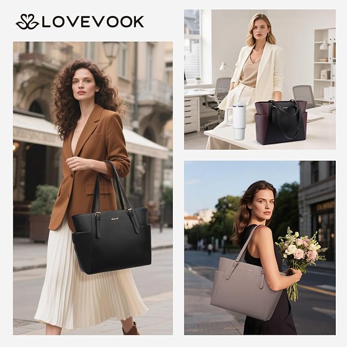 LOVEVOOK Laptop Tote Bag for Women With Large Cup Holder, Leather Work Tote Bag for Women,17.3 Inch Professional Computer Briefcase Business Teacher Commuter Shoulder Bag,Office Travel Gift