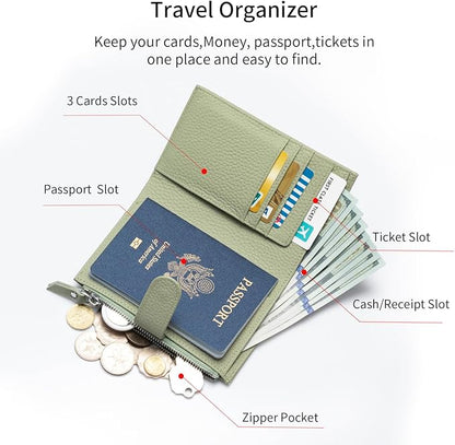 Passport wallet and Card Slot Combo RFID Blocking Slim Leather Travel Passport Wallet for Men and Women with Zippered Coins Pocket Passport holder, Light Green