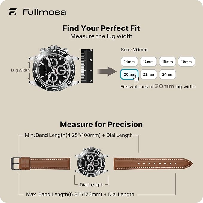 12 Colors for Quick Release Leather Watch Band, Fullmosa Axus Genuine Leather Watch Strap Women Men 14mm, 16mm, 18mm, 19mm, 20mm, 22mm or 24mm (choose the proper size), Brown+black buckle, Classic