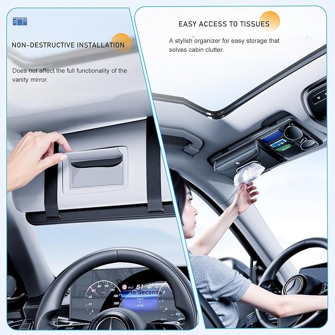 Tumecos Car Sun Visor Organizer with Tissue Holder, Auto Consoles Organizer with Sunglass Clip,Multi-Pocket Visor Accessories for Truck, SUV，Card/Pen/Driver's License Storage