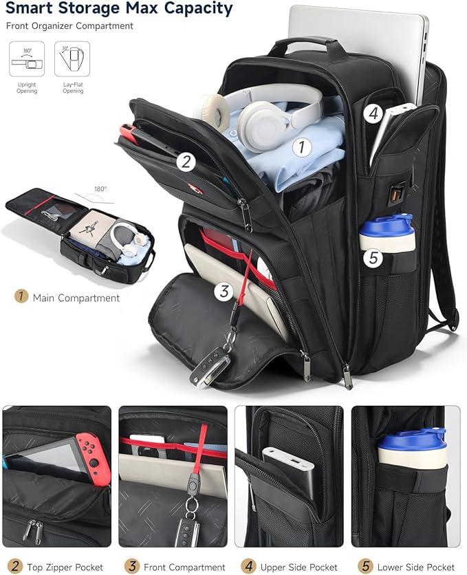 Work Laptop Backpack for Men 17in, USB-C Port Carry On Backpack with Patented Adjustable Straps, TSA Dual Laptop Compartments Backpack Travel, Waterproof Business Backpack for Professional, Black