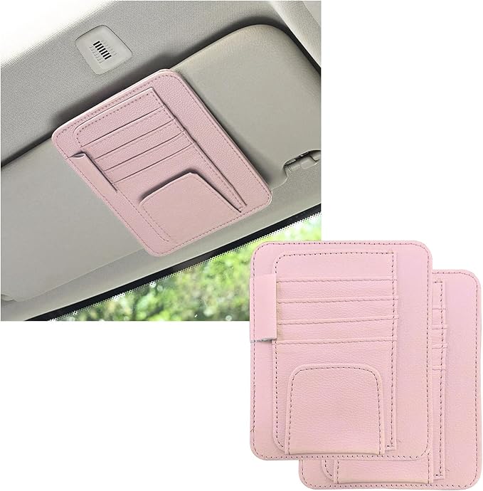 Dickno 2PCS Small Leather Car Sun Visor Organizer, Multifunctional Auto Visor Document Holder with Sunglasses Clip, Universal Car Interior Organizer for Drving License, Card, Pen (Pink)