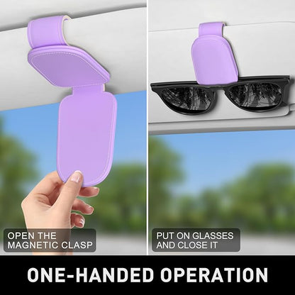 Sunglasses Holder for Car Visor, Magnetic Leather Car Sunglass Holder, Car Sun Visor Glasses Hanger Clip, Car Interior Accessories for Women Men, Fits All Size Eyeglasses