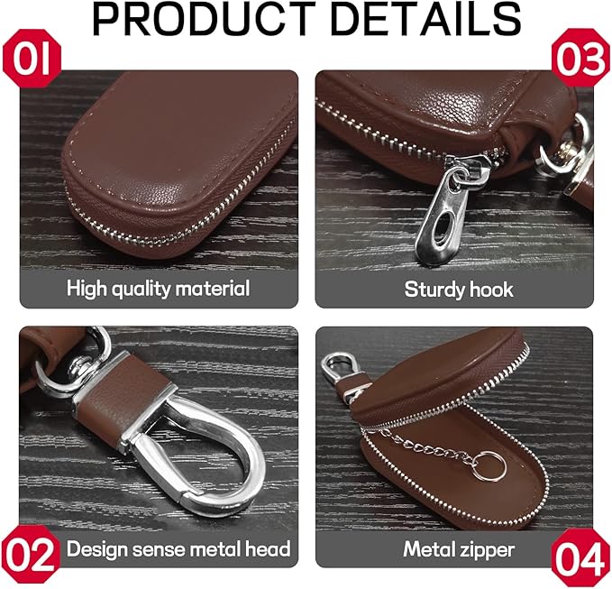 Car Key Case, Genuine Leather Auto Key Fob Protector, Universal Key Fob Cover Case with Metal Hook, Car Smart Keychain Holder for Remote Key Fob, Vehicle Keyring Zipper Bag (Coffee)