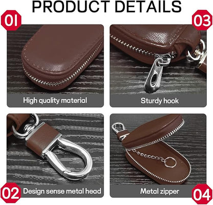 Car Key Case, Genuine Leather Auto Key Fob Protector, Universal Key Fob Cover Case with Metal Hook, Car Smart Keychain Holder for Remote Key Fob, Vehicle Keyring Zipper Bag (Coffee)