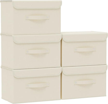 Fabric Storage Bins Cube Organizers with Flip-Top Lid and Handles,Storage Boxes for Organizing Home,Office,and Closet,Beige,5 Pack 15 x 9.8 x 9.8 in