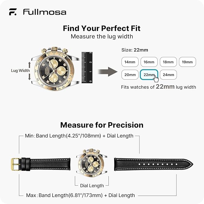 Fullmosa Watch Band, Quick Release Leather Watch Strap for Men Women, Replacement Bands Width 12mm 14mm 16mm 18mm 19mm 20mm 21mm 22mm 24mm