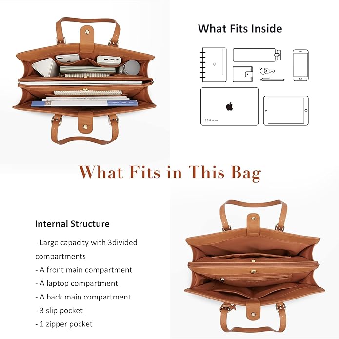 ECOSUSI Laptop Bag For Women 15.6 Inch Work Tote Bags PU Leather Computer Purse For Business Office With 3 Layer Compartments