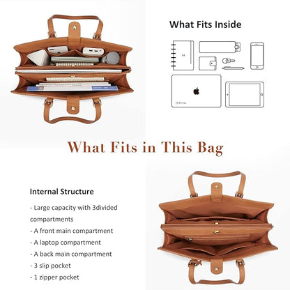 ECOSUSI Laptop Bag For Women 15.6 Inch Work Tote Bags PU Leather Computer Purse For Business Office With 3 Layer Compartments