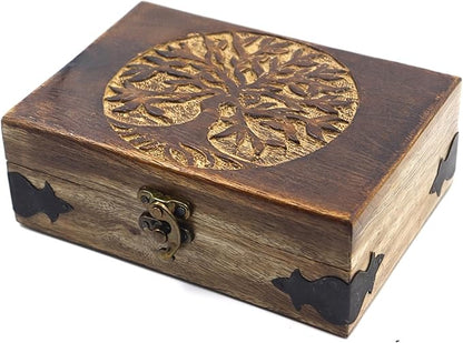 Handmade Wooden Jewelry Box with Tree of Life Engraving – Antique Handcarved Keepsake Organizer for Women & Men | Solid Wood Storage Box for Jewelry, Trinkets, Gifts & Home Décor