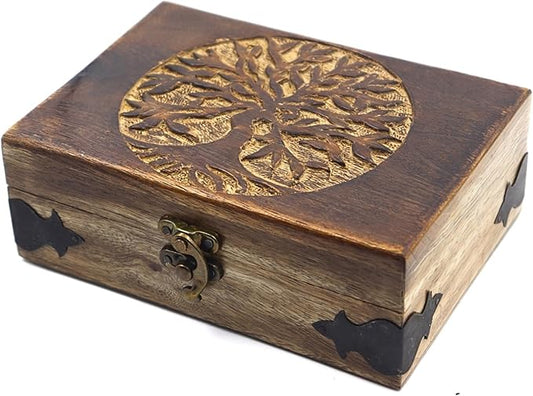 Handmade Wooden Jewelry Box with Tree of Life Engraving – Antique Handcarved Keepsake Organizer for Women & Men | Solid Wood Storage Box for Jewelry, Trinkets, Gifts & Home Décor