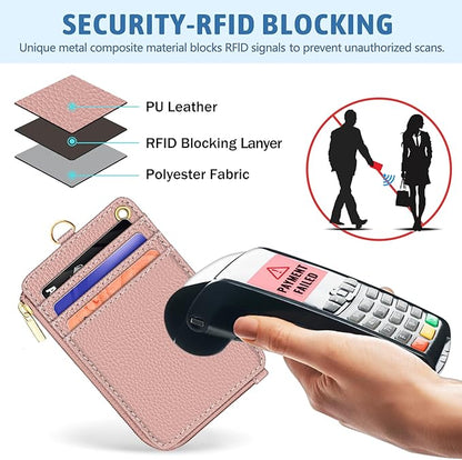 Lanyard Wallet with ID Badge Holder, Keychain RFID Wallet Women Small Wristlet, Slim Credit Card Holder Case with Phone Lanyard Wrist Strap Zipper Minimalist Pocket Name Tag Woman Office Teacher Gift