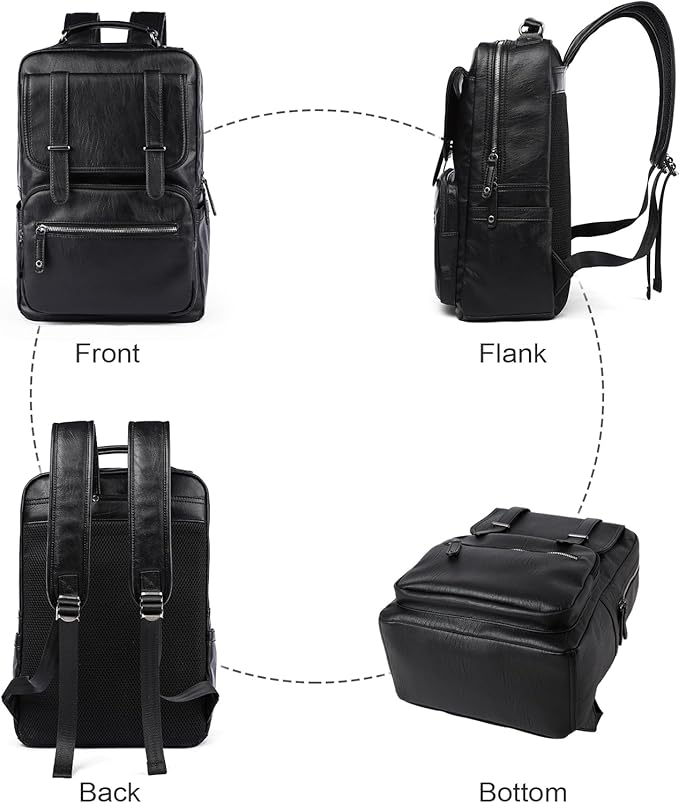 MOYYI Black Leather Backpack for Men Waterproof Fit 15.6 inch Laptop Backpack Work Commute Casual Daypack