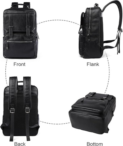 MOYYI Black Leather Backpack for Men Waterproof Fit 15.6 inch Laptop Backpack Work Commute Casual Daypack