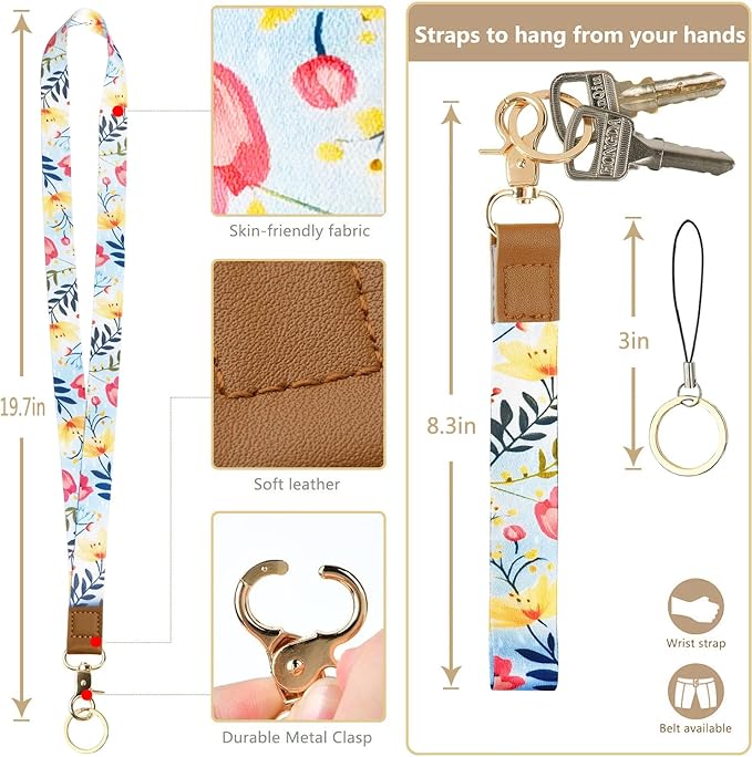 2-in-1 ID Badge Holder & Lanyard Wallet Floral Lanyard with ID Holder Teacher Nurses Woker Cute Lanyards for Name Tag Badge ID Card Holders with Removable Wristlet & Neck Lanyard Zipper Coin Pouch