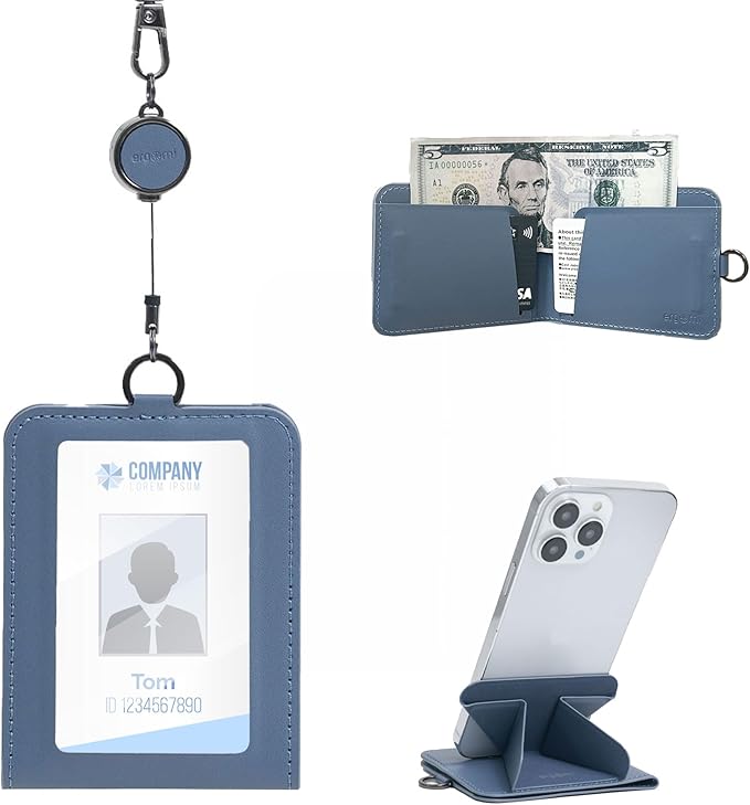 Retractable Badge Holder with 12-inch Lanyard, ID Card Holder Wallet with Phone Stand, Vegan Leather Slim Badge Wallet for Work, Office, Travel – Fits ID, Keycards & Cash – Blue