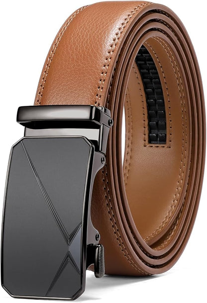 SENDEFN Men's Leather Belt Automatic Ratchet Buckle Slide Belt for Dress Casual Trim to Fit with Gift Box