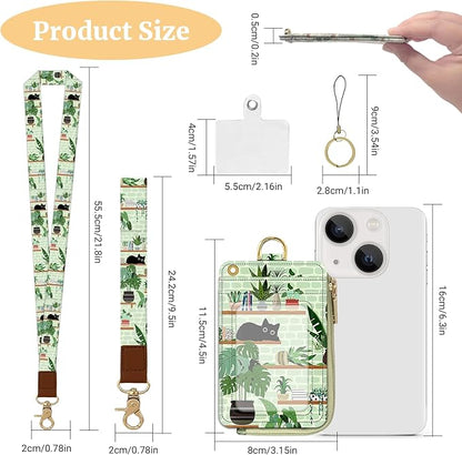 2-in-1 ID Badge Holder & Lanyard Wallet,Multi Use Womens Small Wallet with Zipper Pocket for Women Men with Wristlet and Neck Lanyard 5 Card Slots Work Essential (Cat Shelf)