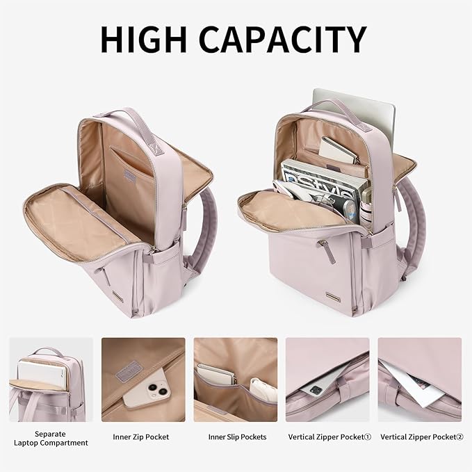 GOLF SUPAGS Stylish Laptop Backpack for Women Airline Approved Perfect for Work College and Travel Multi-Functional Casual Daypack Fits 14 Inch Notebook (Pinkish Grey)