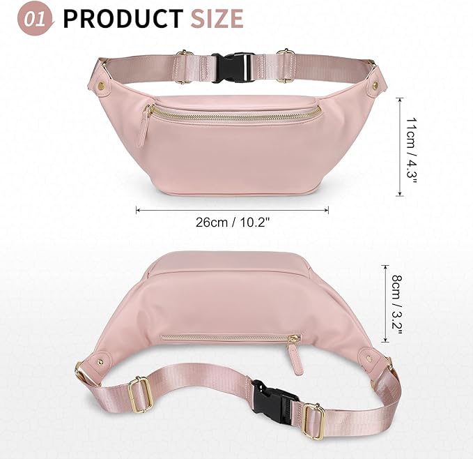 Faux Leather Belt Bag for Women, Crossbody Fanny Pack with Adjustable Strap, Back Zipper Pocket, Large Capacity Waist Pack for Travel, Concerts, Pink