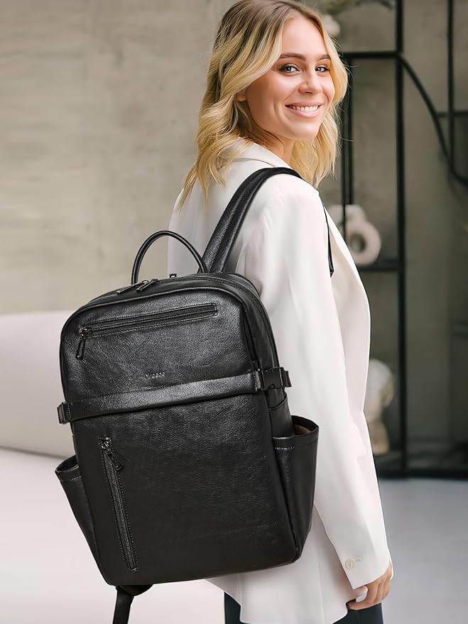 Leather Laptop Backpack for Women, 15.6 Inch Laptop Travel Backpack Purse Large Capacity Computer Bag, Casual Daypack Nurse Bag College Bookbag for School, Black