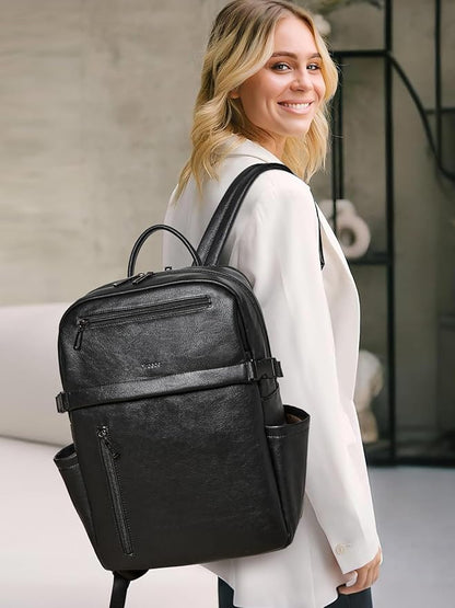Leather Laptop Backpack for Women, 15.6 Inch Laptop Travel Backpack Purse Large Capacity Computer Bag, Casual Daypack Nurse Bag College Bookbag for School, Black