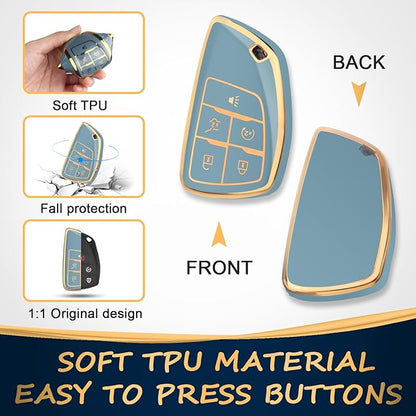 QBUC for Chevy Key Fob Cover with Keychain Soft TPU Protection Case Compatible with 2021-2026 Chevy Equinox Blazer Tahoe Suburban GMC Yukon Denali Silverado 5-Buttons(Gold Trim Blue)