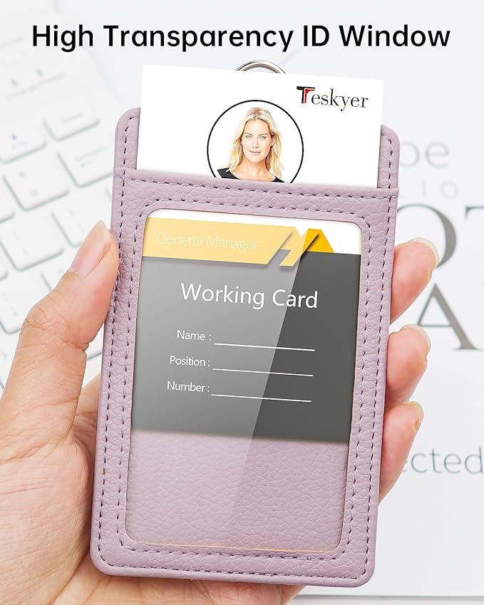 Teskyer Badge Holder with Lanyard, Leather ID Name Badge Card Holder with Lanyard for ID Badges, Vertical, Lychee Pattern Lilac