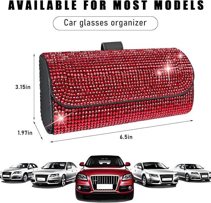 Ohleats Bling Sunglasses Holder for Sun Visor, Sparkling Glasses Sun Visor Organizer Case with Hidden Magnetic Closure, Auto Visor Crystal Eyeglasses Storage Case, Car Accessories (Bling Red)