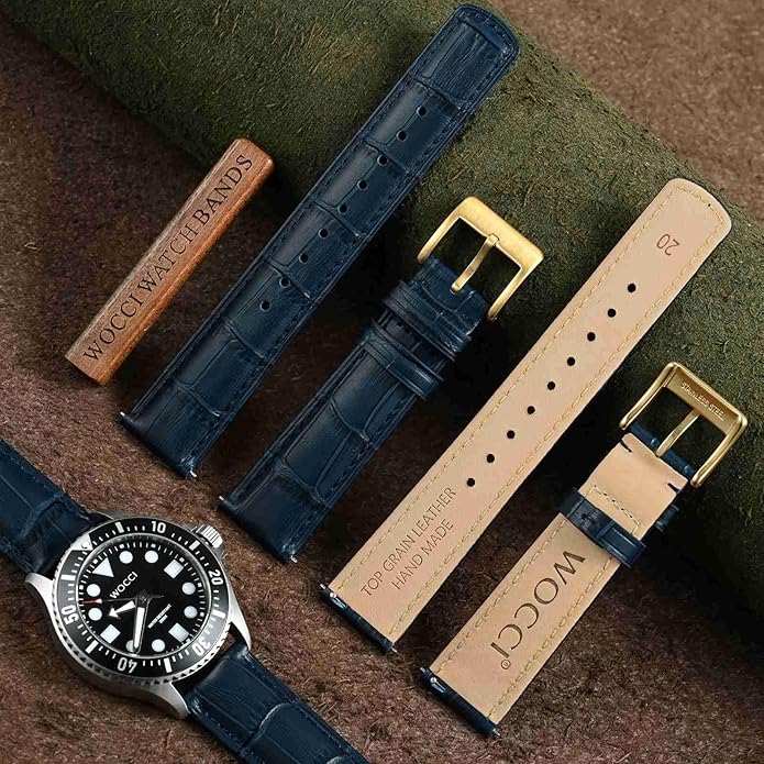 WOCCI Watch Bands, Top Grain Leather, Embossed Alligator Grain, Quick Release, Band Width 18mm 20mm 22mm