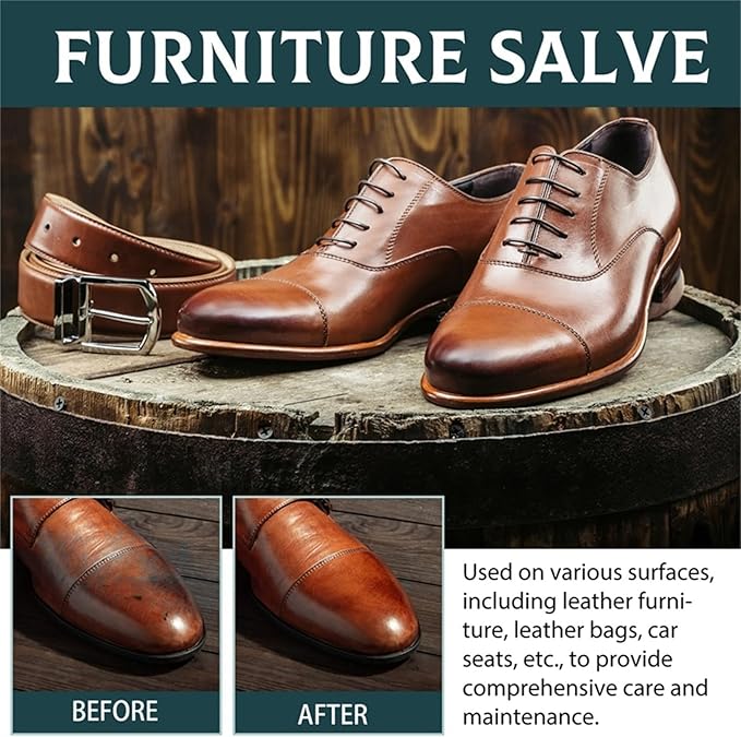 Leather & Wood Restoring Salve - 4oz Furniture Polish & Conditioner with Applicator Brush & Microfiber Towel, for Leather Couches, Car Seats, Wood Tables & Vinyl