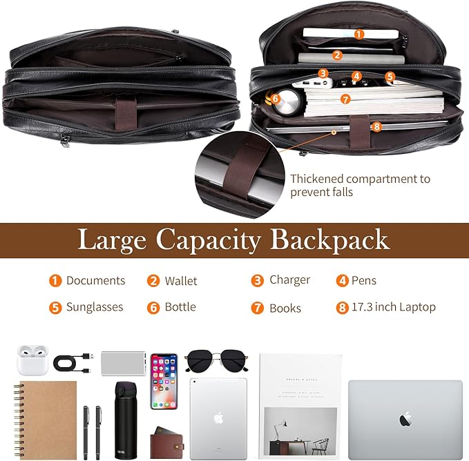 Faux Leather Messenger Bag for Men 17-17.3 Inch: Convertible 3 in 1 Backpack Laptop Briefcase Computer Handbags Shoulder CrossbodyBag with Padded for Work College Travel, PU Black