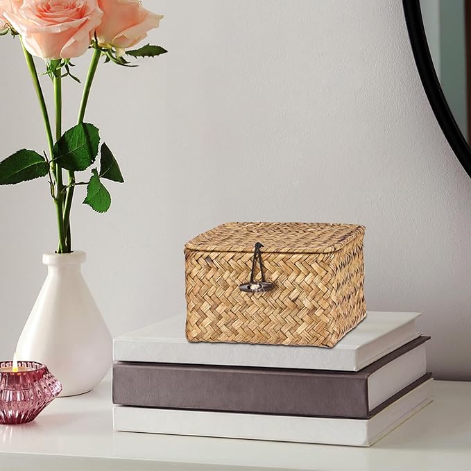 Hipiwe Wicker Shelf Baskets Bins with Lid Handwoven Seagrass Storage Basket Multipurpose Household Organizer for Shelves Home Decor, Caramel Color, X-small