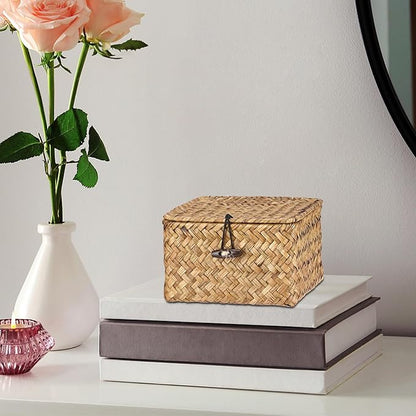 Hipiwe Wicker Shelf Baskets Bins with Lid Handwoven Seagrass Storage Basket Multipurpose Household Organizer for Shelves Home Decor, Caramel Color, X-small
