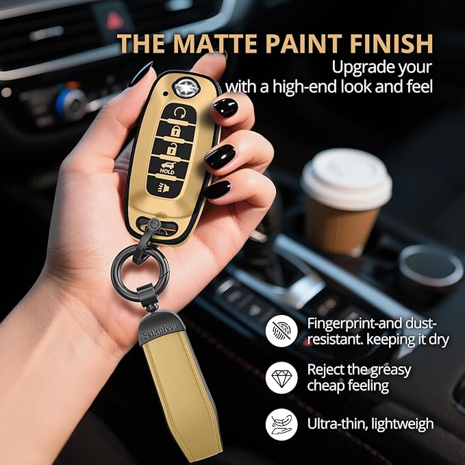 for Nissan Key Fob Cover Accessories- Matte TPU Key Fob Cover with Leather Keychain for 2023 2024 Rogue Pathfinder Versa 2025 Sentra Patrol Armada Smart and More (Champagne Gold, 5 Buttons)