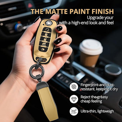 for Nissan Key Fob Cover Accessories- Matte TPU Key Fob Cover with Leather Keychain for 2023 2024 Rogue Pathfinder Versa 2025 Sentra Patrol Armada Smart and More (Champagne Gold, 5 Buttons)