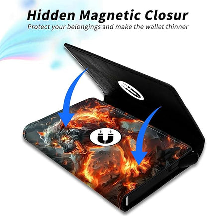 Flaming Wolf Minimalist Wallet for Men, Pop Up Card Case Wallet for Women, PU Leather Automatic Credit Card Holder Metal Money Clip Wallet RFID Blocking Bifold Pocket Wallet