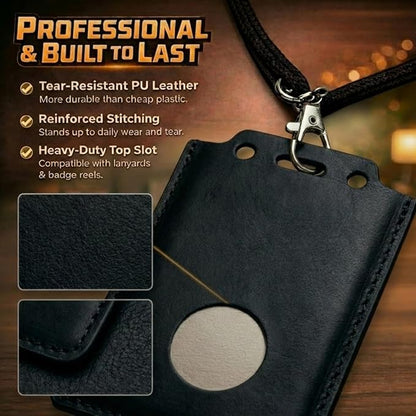 CPLIKE Vertical ID Badge Holder Compatible with Centegix CrisisAlert V2, Slim PU Leather Case with Emergency Button Cutout, Holds Alarm Badge and ID Card for Teachers, Nurses & School Staff, Black