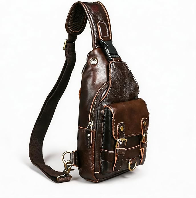 Thick Crazy horse Leather Triangle Crossbody Sling Chest Bag Travel One Shoulder Bag Daypack For Men Male 3028